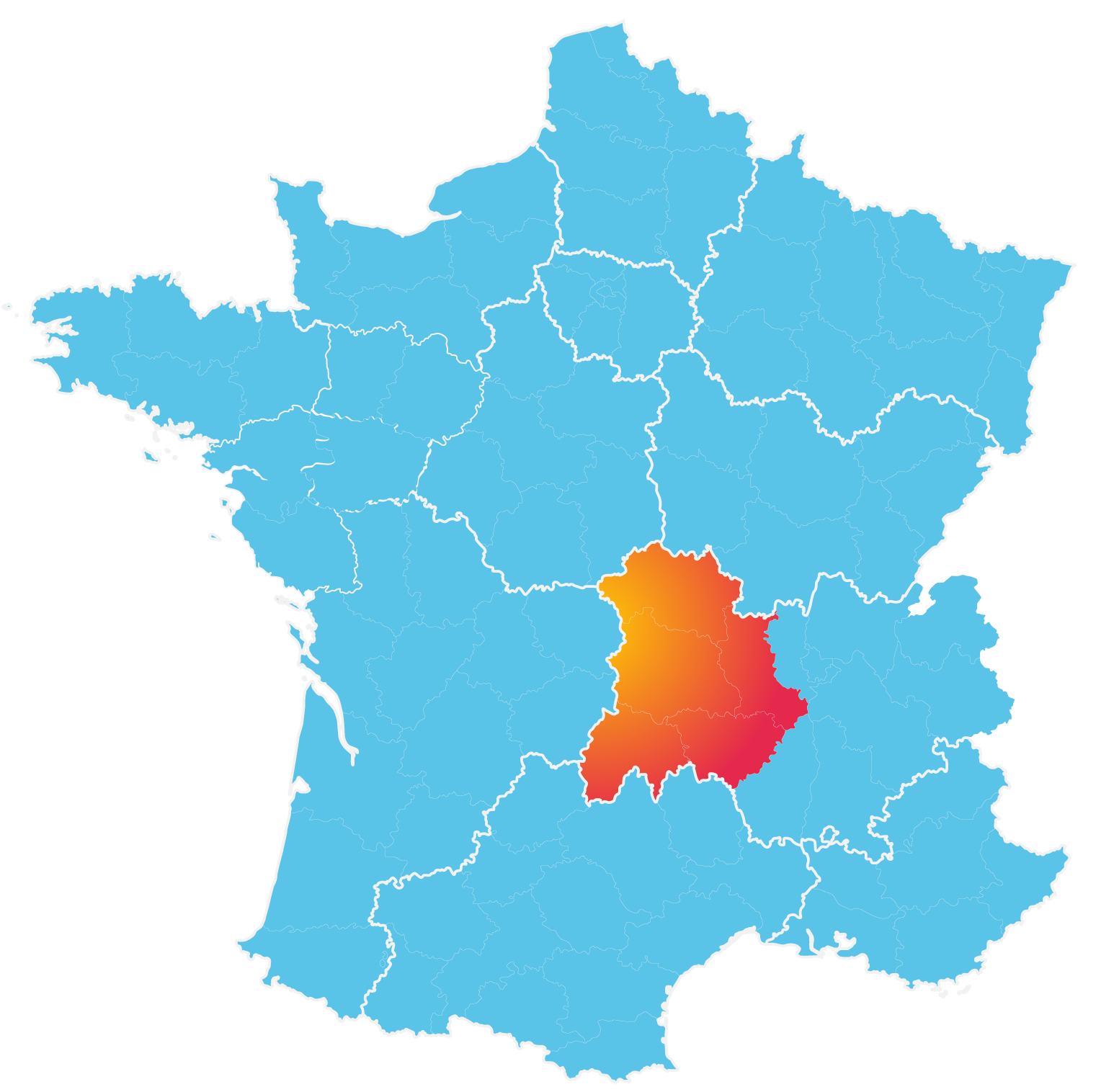 Carte de la zone d’intervention EYLIOS Solaire en Auvergne-Rhône-Alpes